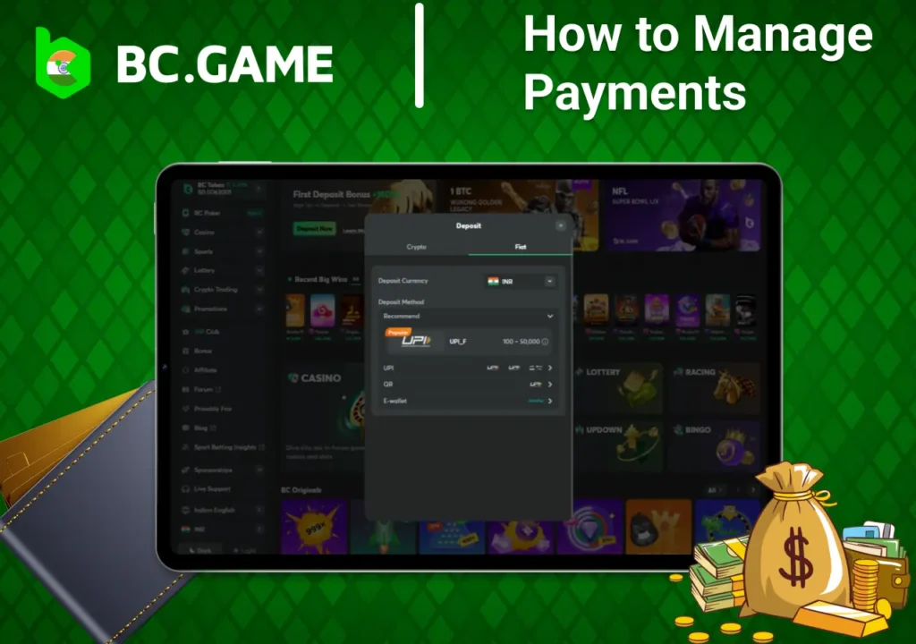 BC.Game payment methods displayed on a tablet screen with currency icons