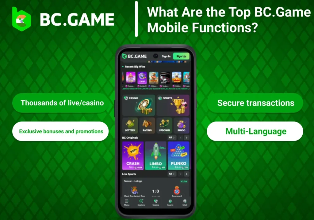 BC.Game mobile app features including casino, sports, and promotions