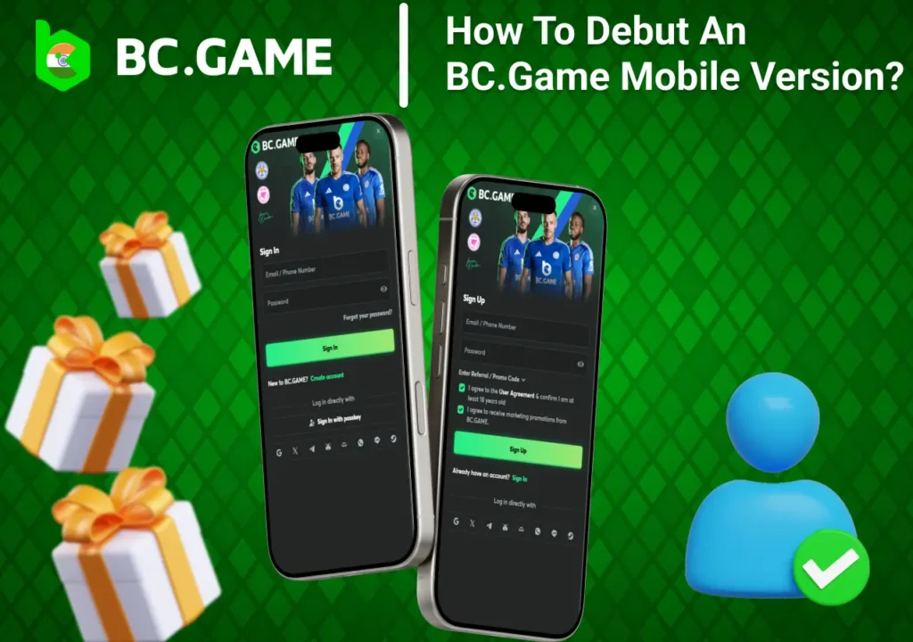 BC.Game mobile version login and registration page on two smartphones