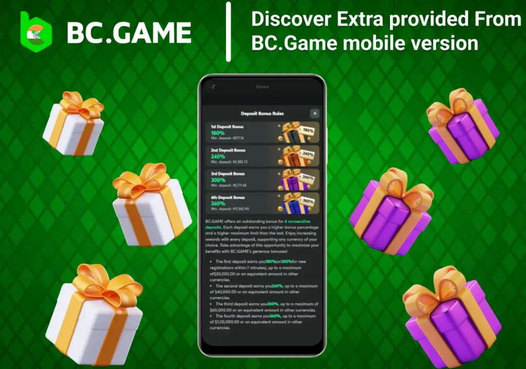 Bonus details and promotions on  mobile app with gift icons